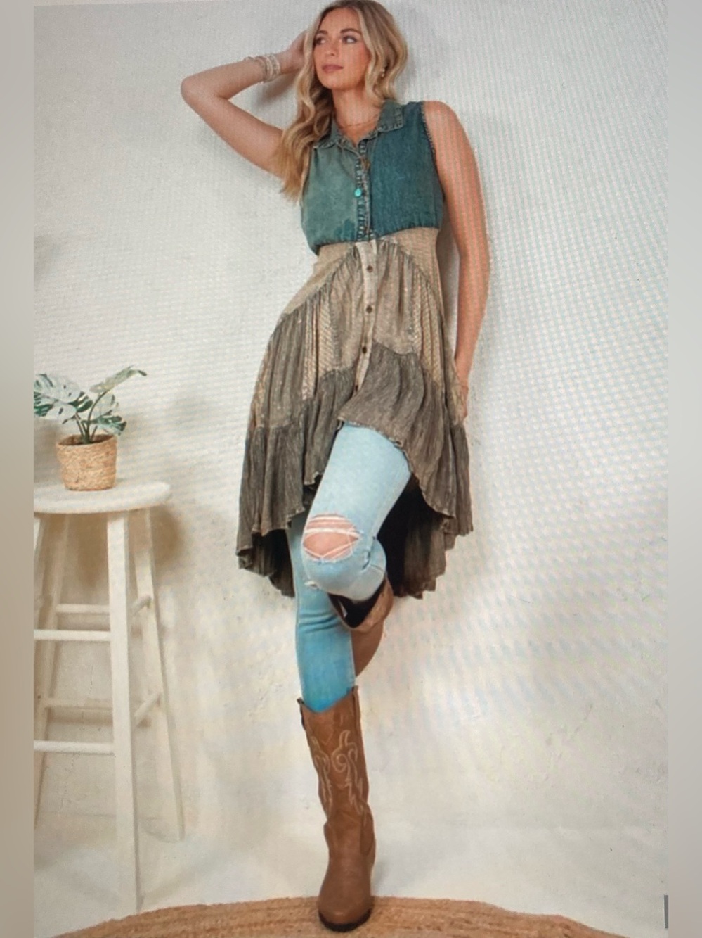 Young Threads Button-Front Mixed-Fabric Vest/Duster Top